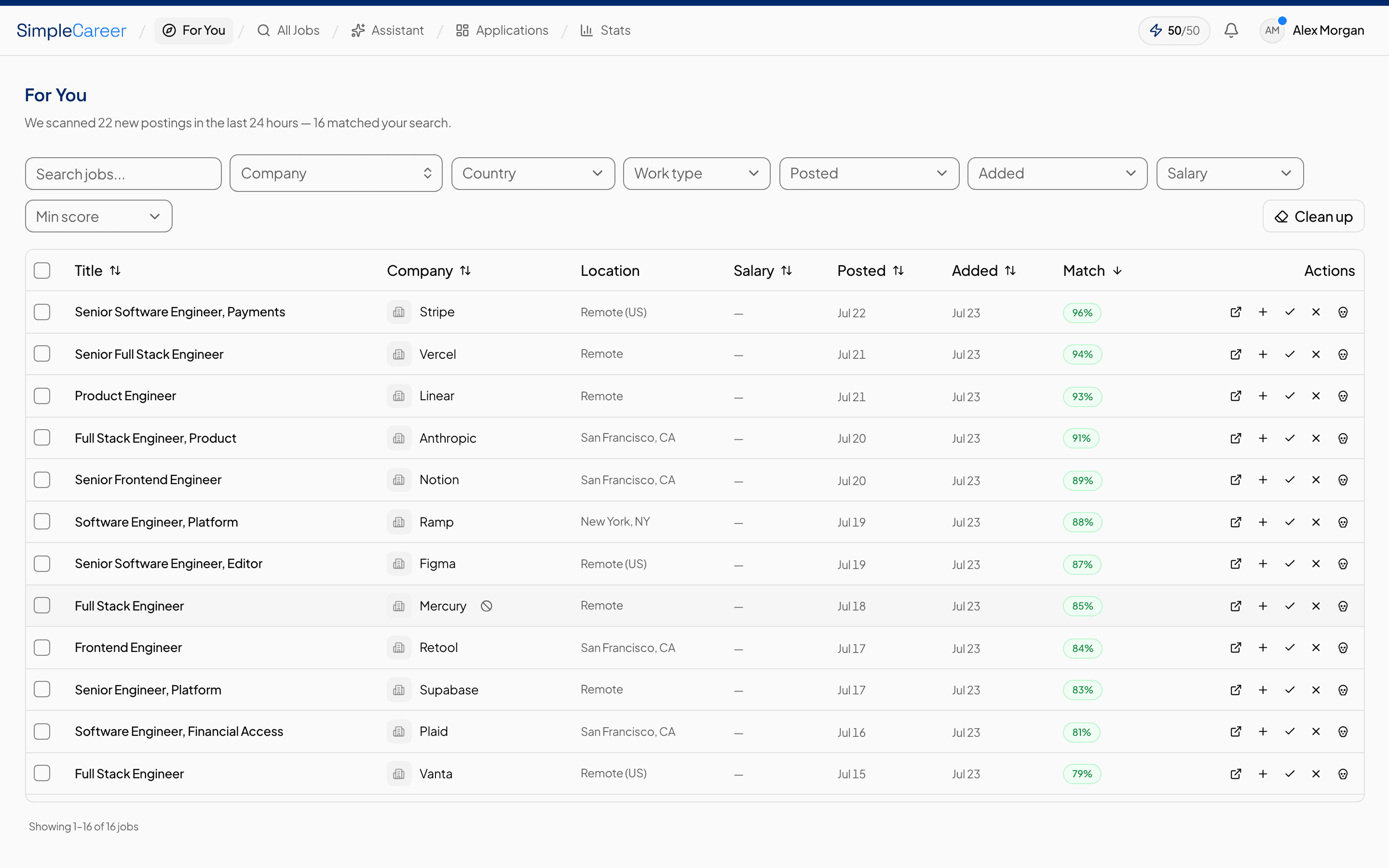 SimpleCareer For You feed showing AI-matched jobs with match scores
