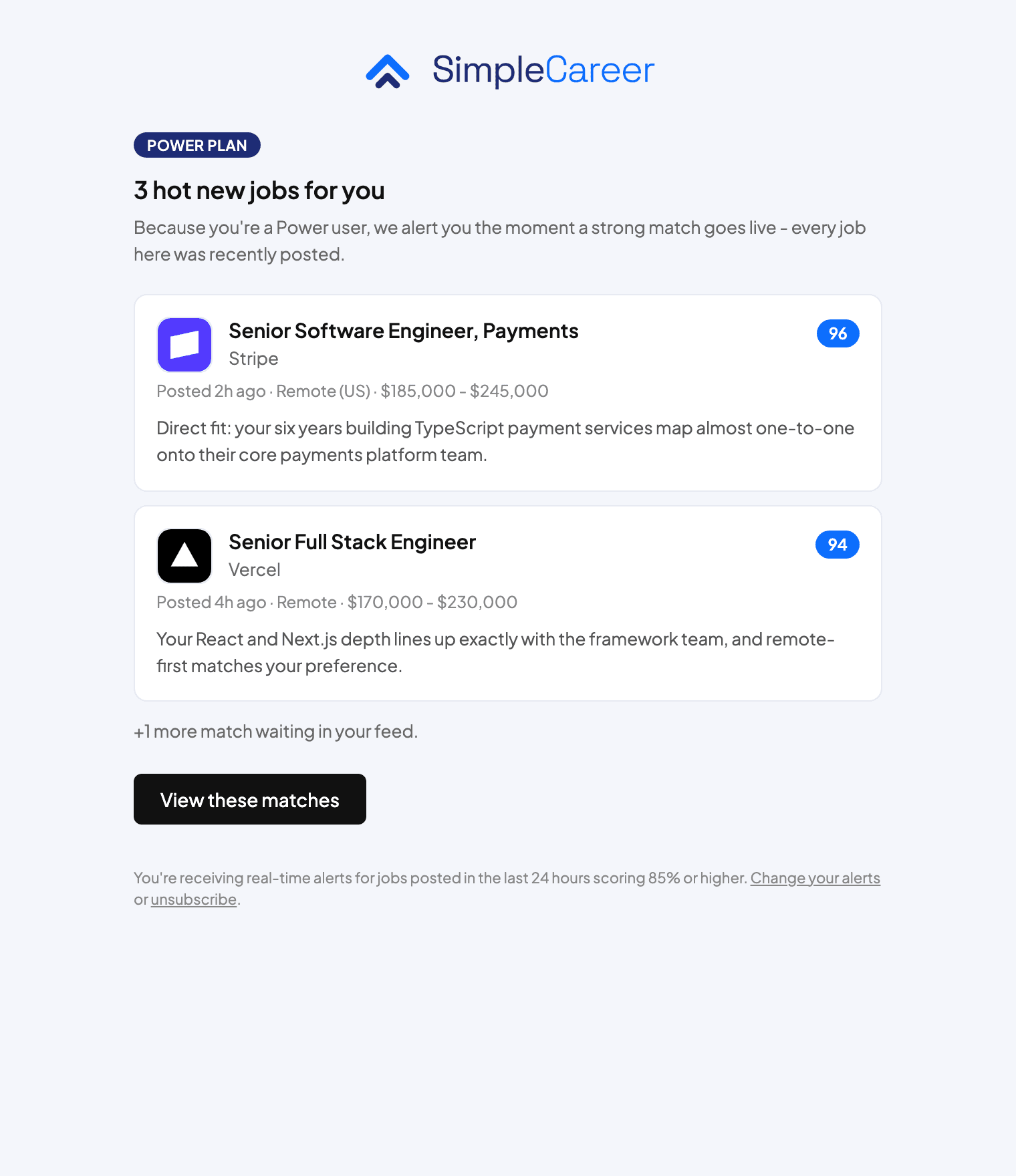 SimpleCareer hot-match alert email listing freshly posted jobs with match scores