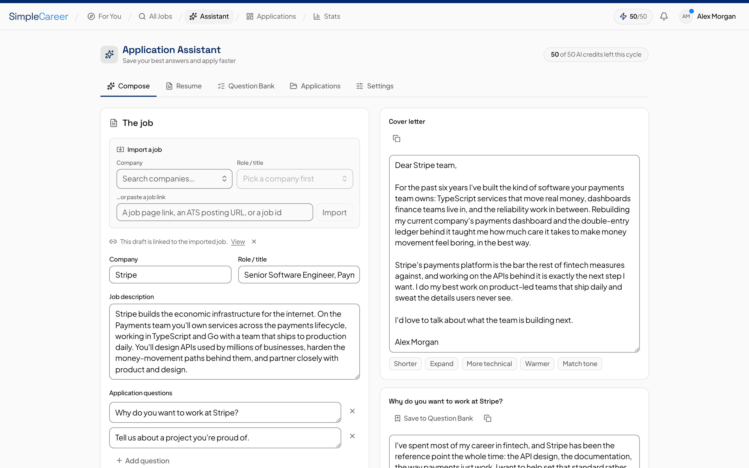 SimpleCareer Application Assistant showing a drafted cover letter and application answers